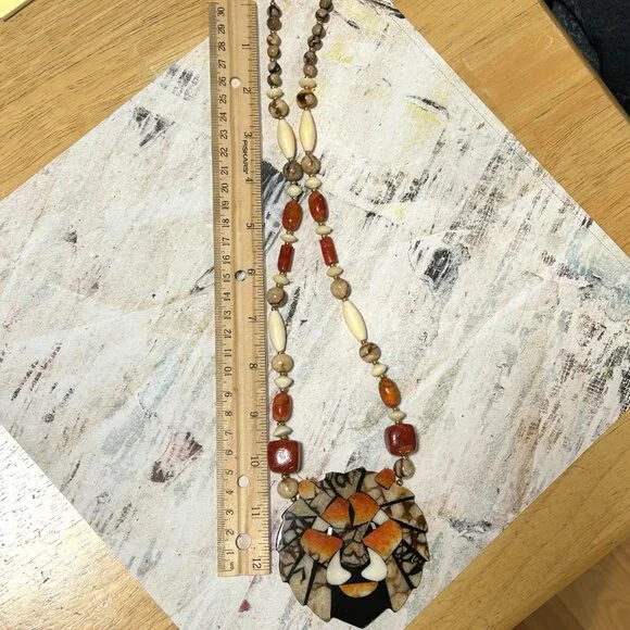 Lee Sands Designer Vintage Lion Face Stone Bead Statement Huge Necklace Retro - Picture 2 of 9